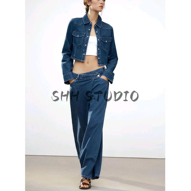 Spring New Women's Clothing Metal Button Decoration High Waist Double Breasted Waist Loose Straight-leg Denim 6045040