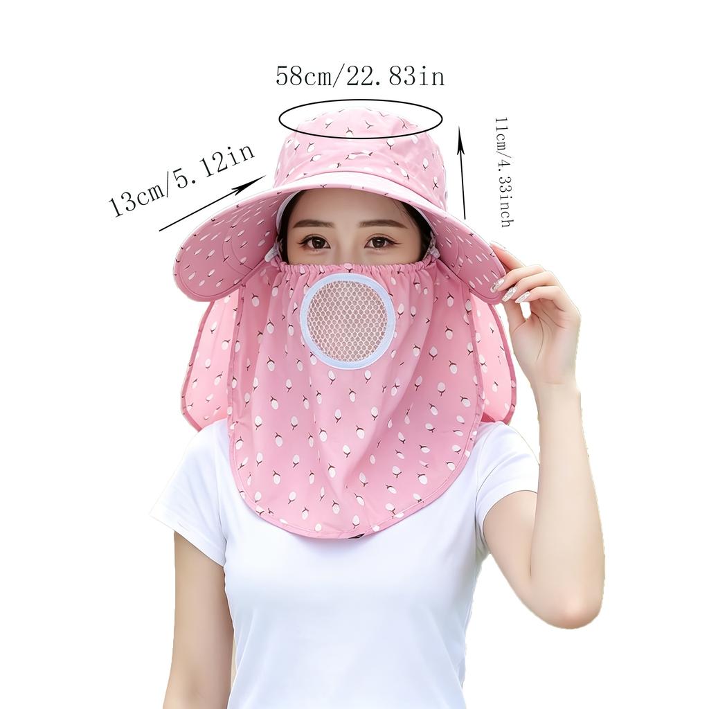 Wide-brimmed Purple Floral Sun Hat Detachable Face Mask Design, Breathable Lightweight Anti-UV Outdoor Headwear