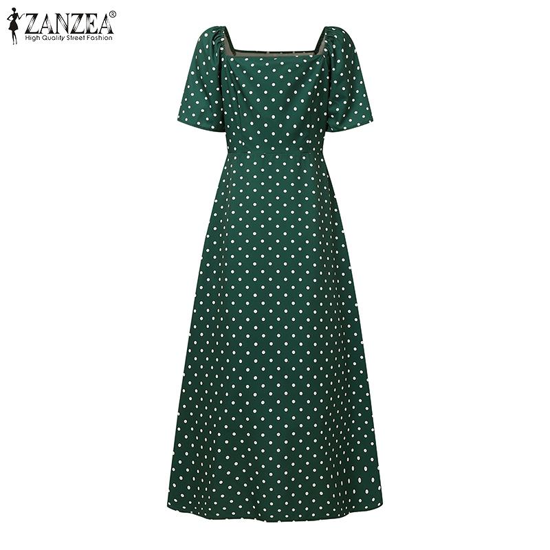 ZANZEA Women Casual Square Collar Short Sleeve Polak Dot Print Dress