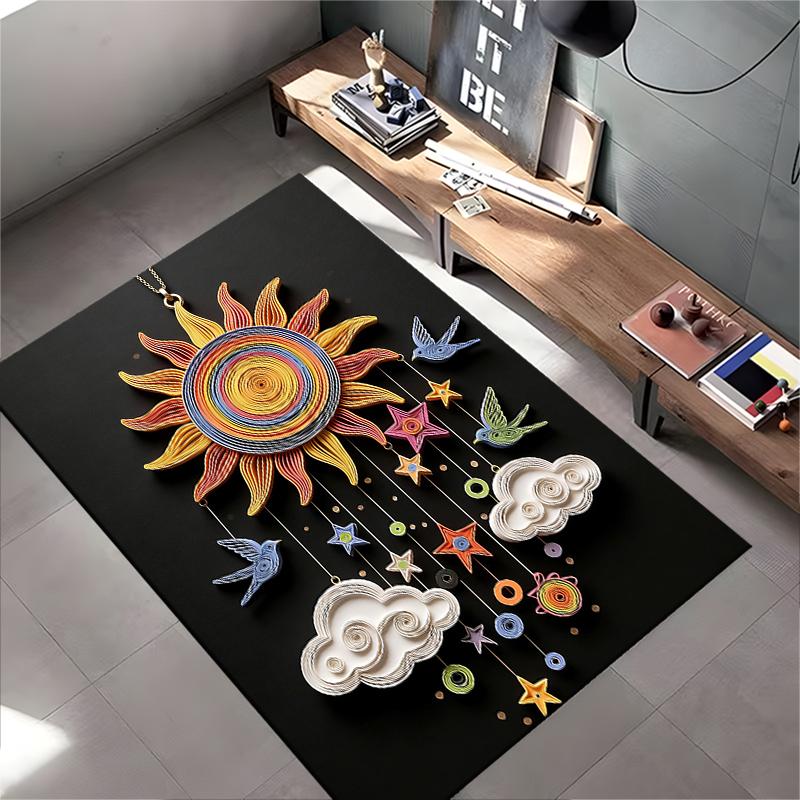 Colorful Sun and Cloud Pattern Modern Carpet with Star Accents Suitable for Use As an Anti-slip for Living Room Bedroom Sofas