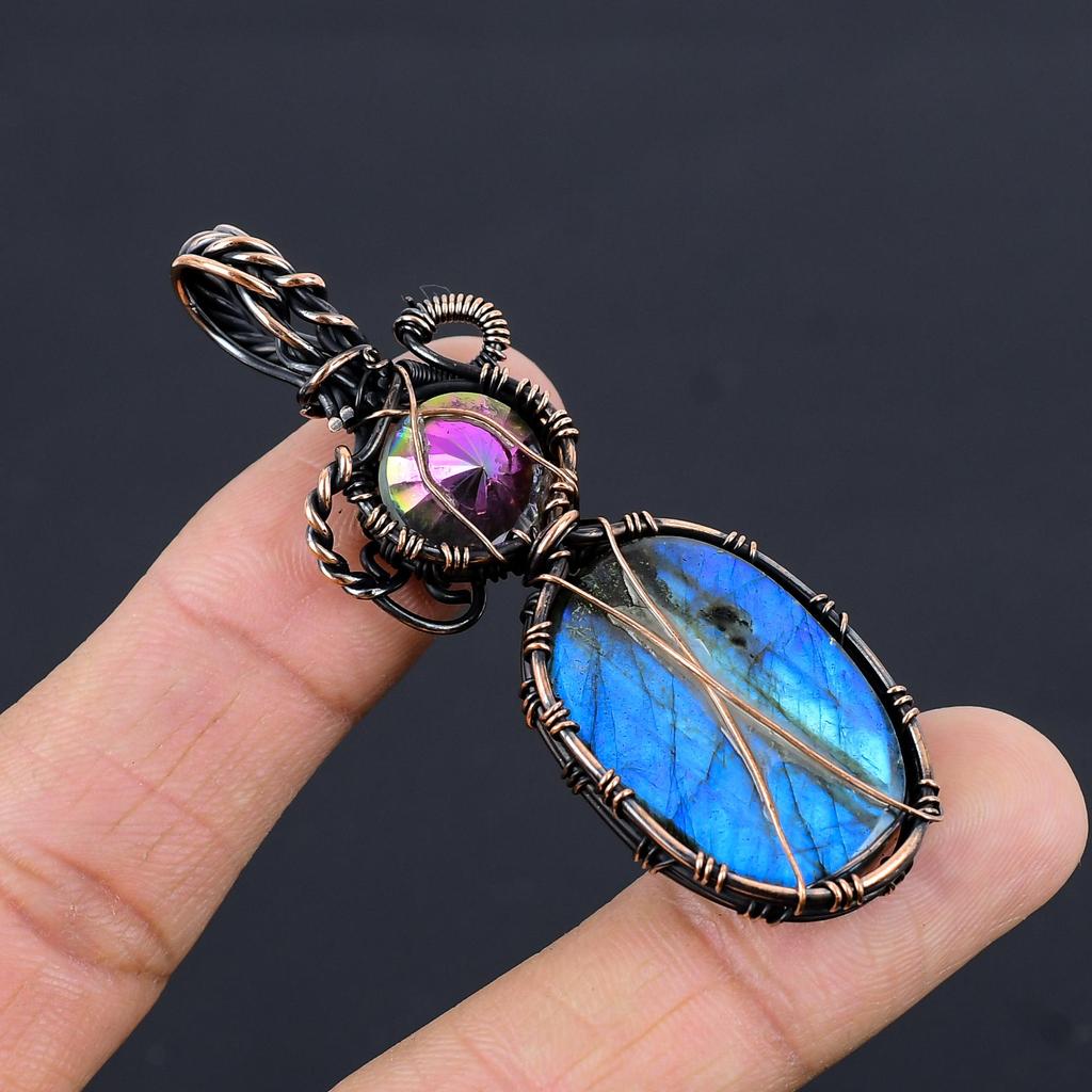 Labradorite Pendant, Handmade Gemstone 999 Copper Wire Wrapped Pendant Antique Jewelry, For Gift Silver Jewelry