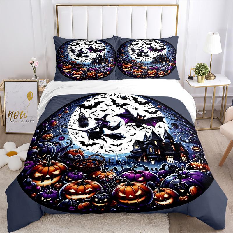 3pcs Bat Witch Pumpkin Halloween Pattern Bedding Three-Piece Set (No Fillings), Suitable for Bedrooms and Guest Rooms.N004