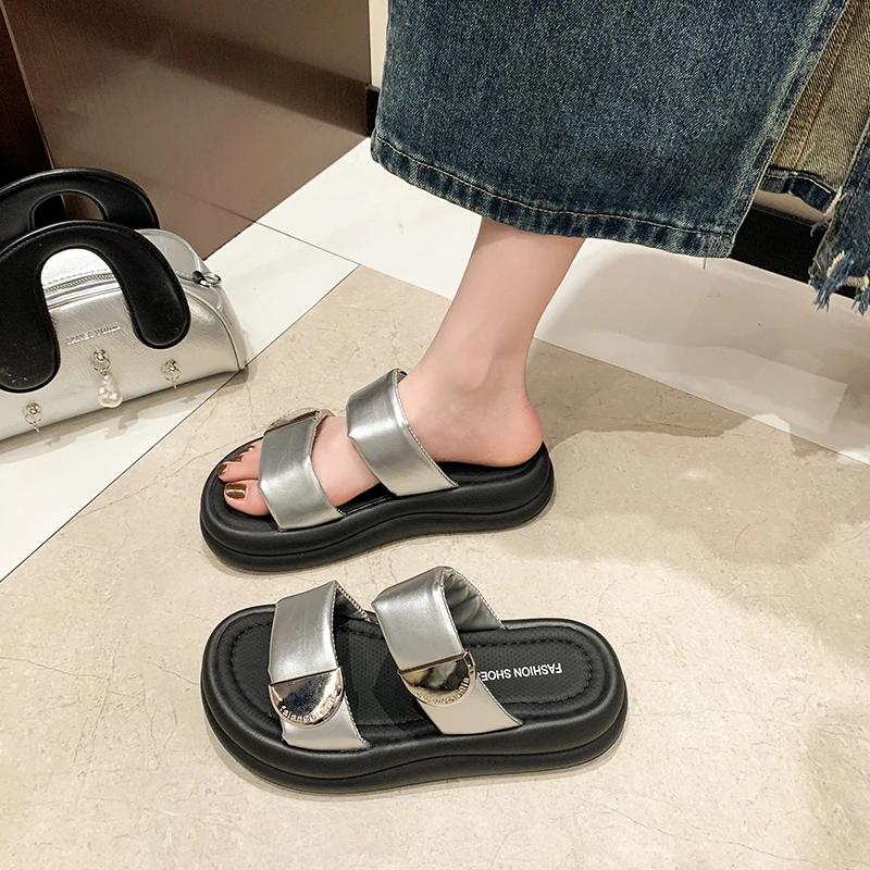 fashion Ladies Shoes on Sale 2024 High Quality Open Toe Women's Slippers Summer Metal Decoration Solid Platform Casual Slippers Zapatos