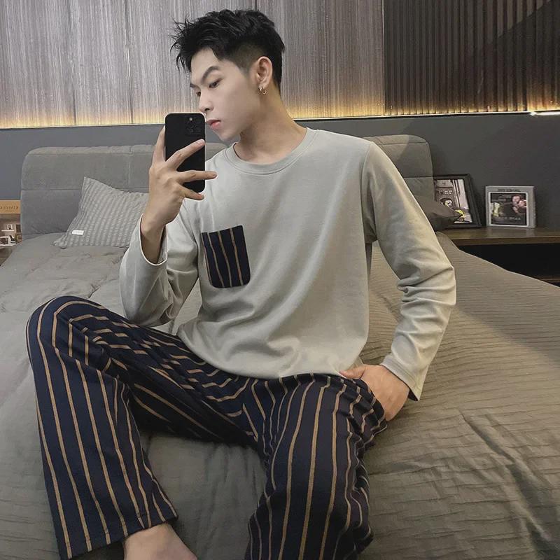 Set de pijamale bărbătesc cu mânecă lungă din bumbac - Primăvară/Toamnă, Mărime mare, Costum casual