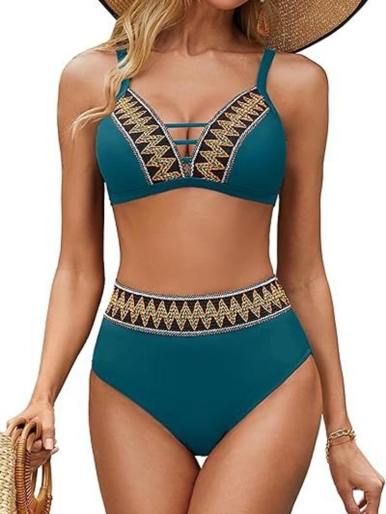 Damen High-Waist Tankini Badeanzug Sexy V-Ausschnitt Bikini Set, Träger Bikini Zweiteiler Push-Up Bademode
