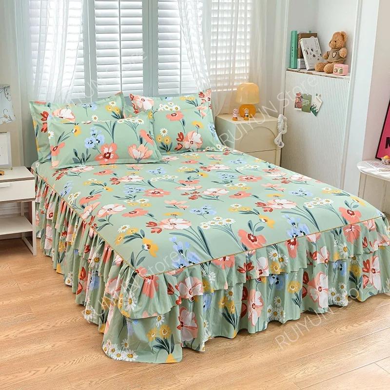 Dvouvrstvá postelová sukně, protiskluzový chránič matrace, květinový tištěný princeznovský přehoz, přehoz na postel, prostěradlo, dekorace