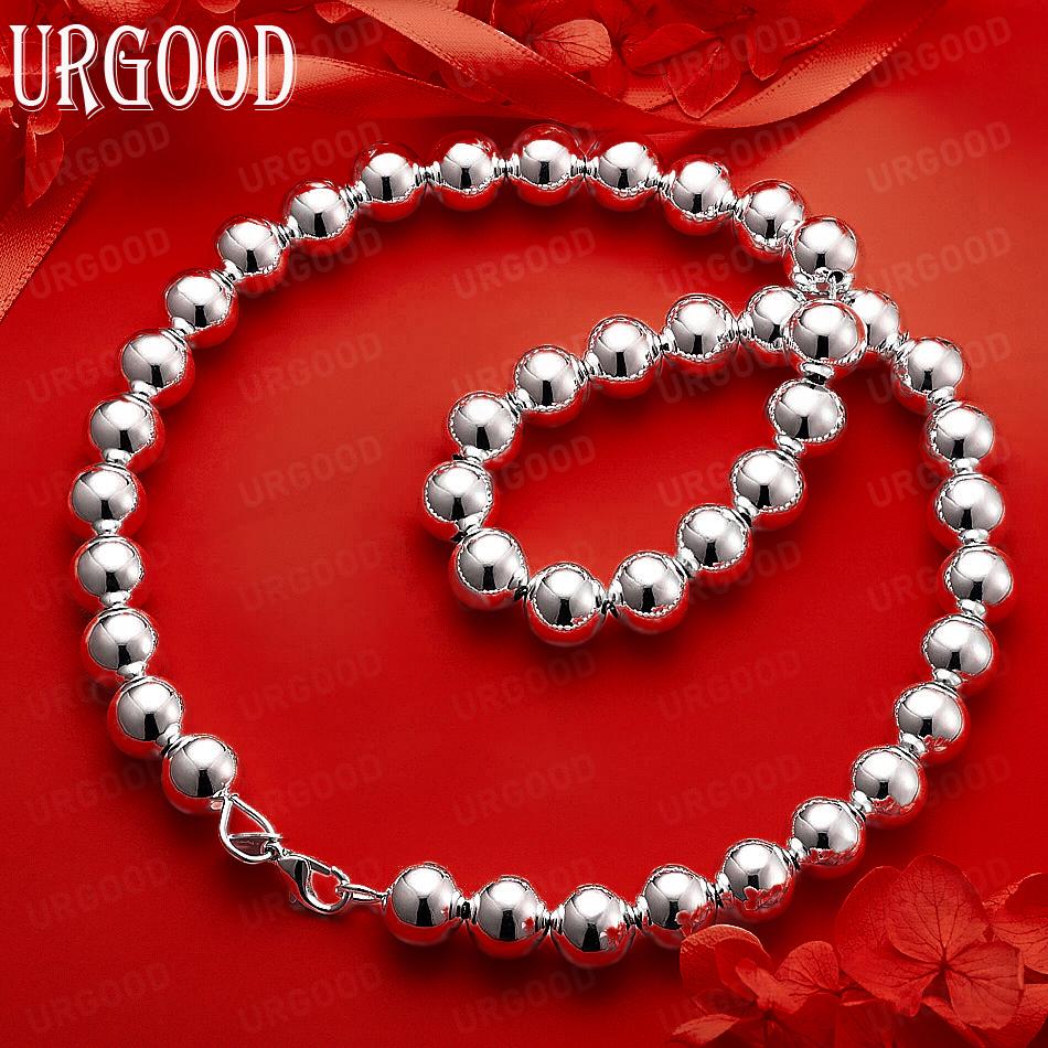 925 Sterling Silver 10mm Simple Solid Polished Bead Necklace - Banquet Gift Jewelry 40cm