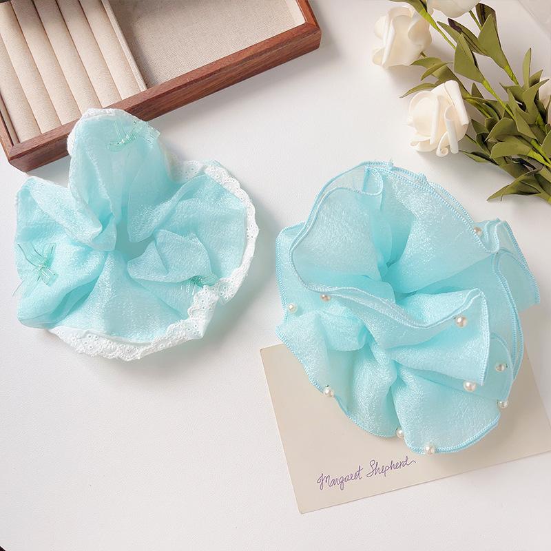 Pearl Mesh Double Layer Bow Scrunchie - Large Elastic Lace Hair Tie