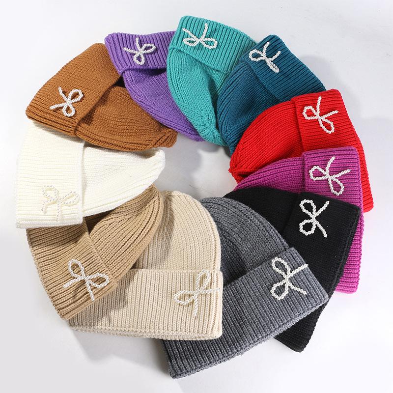 Bow Tie Knitting Cap Hat Woolen Yarn Cuff Knit Beanie Casual Fleece Warm Knitted Hat