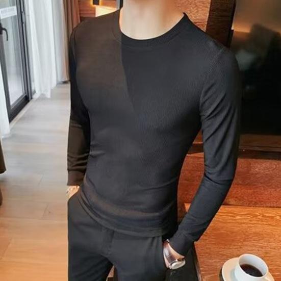 Top de fitness pentru bărbați, de primăvară, toamnă, cu gât rotund, cu mâneci lungi elastice, pulover de culoare solidă, pentru fitness, pentru sport, haine de iarnă