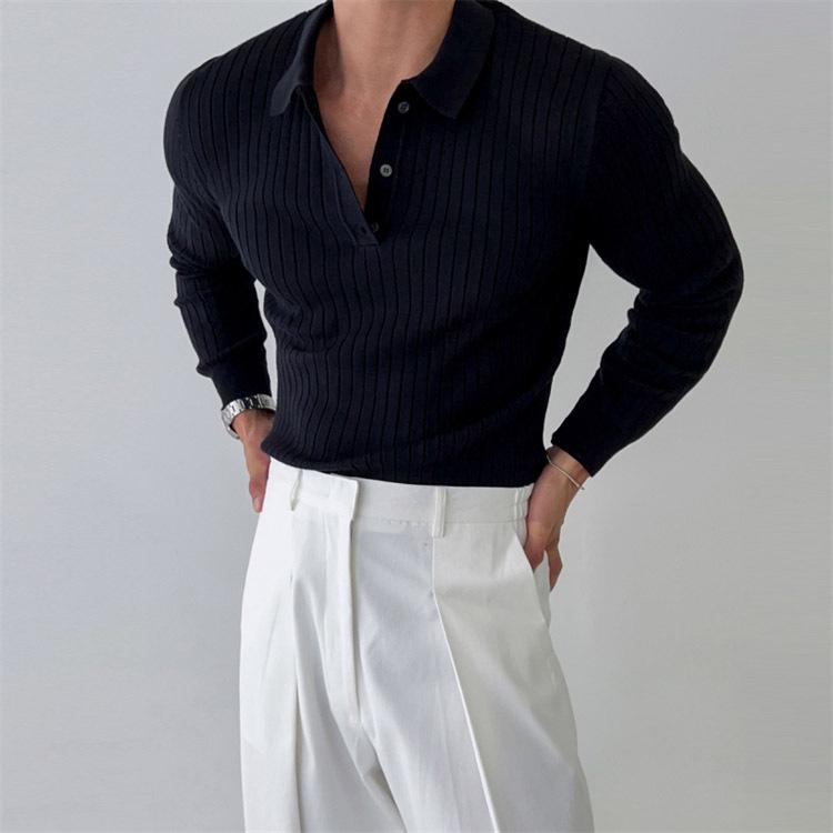 Men's Korean Style Polo Knit Sweater - Solid Color, Long Sleeve, Mature Autumn/Winter Top