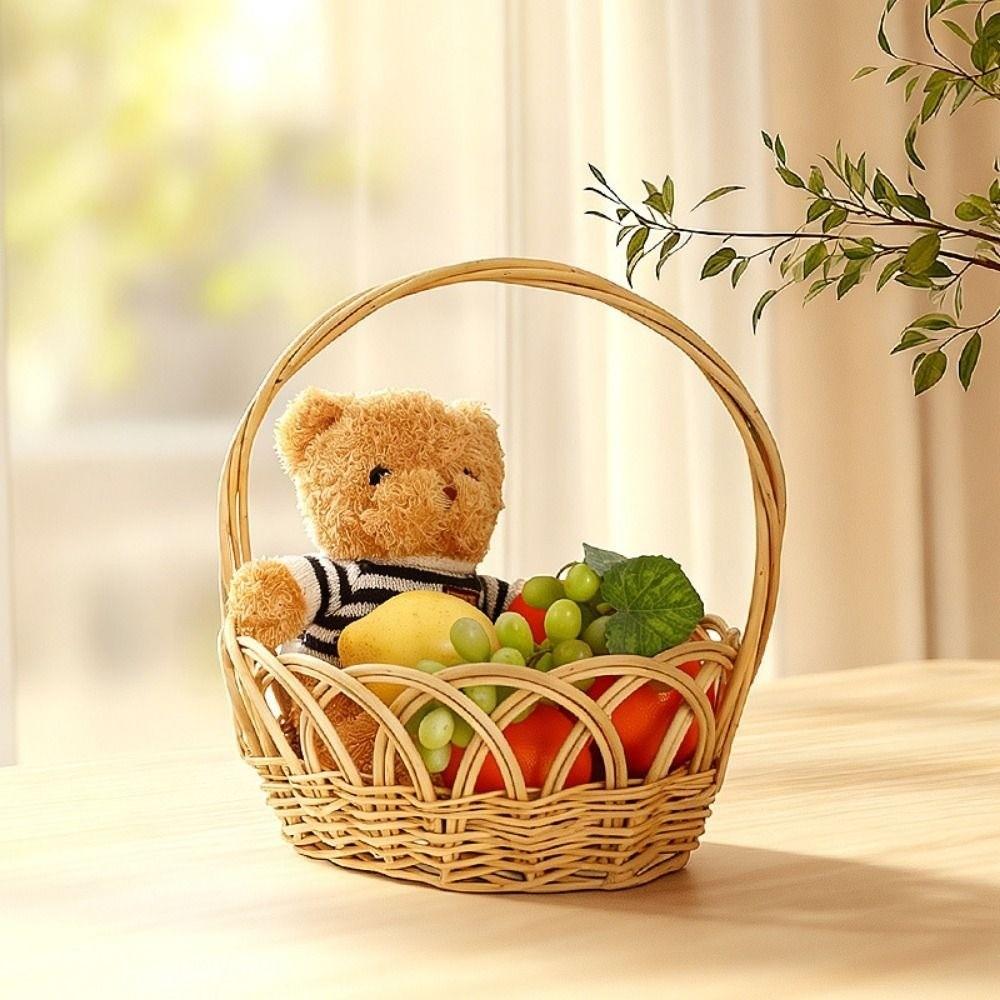 with Handle Lace Fruit Basket Handwoven Household Imitation Rattan Basket Handmade 2 Sizes Vegetable Fruit Flowers Holder