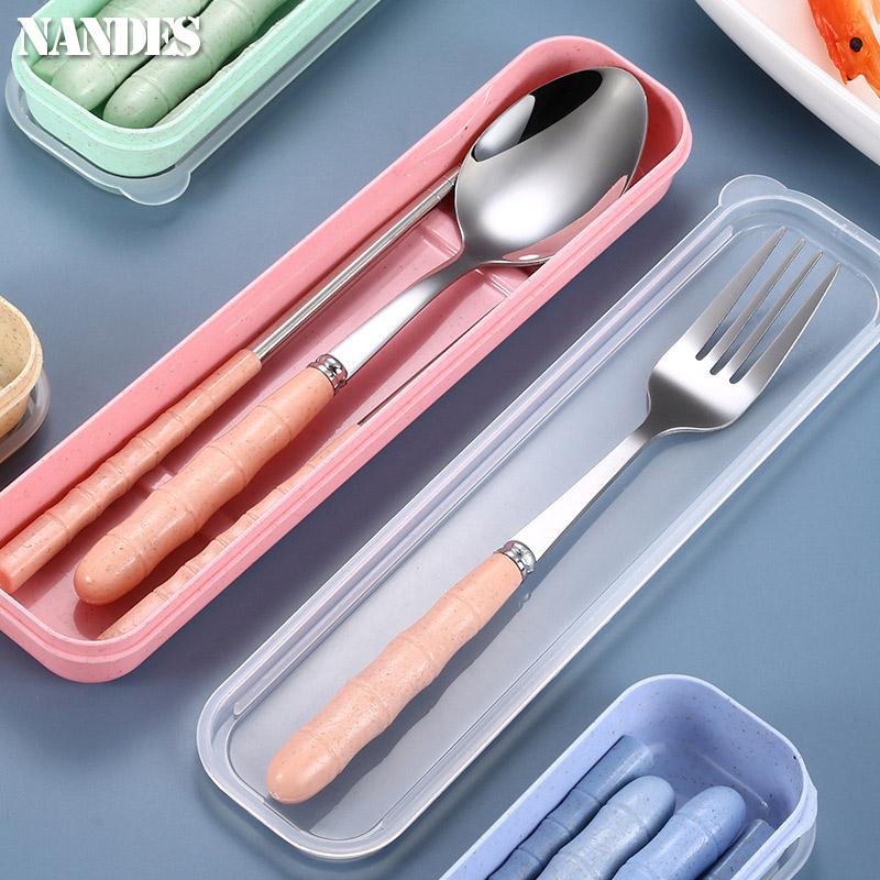 3pcs Set Stainless Steel Portable Fork Spoon Chopstick Student Cutlery Set with Box Travelling Dinnerware Set