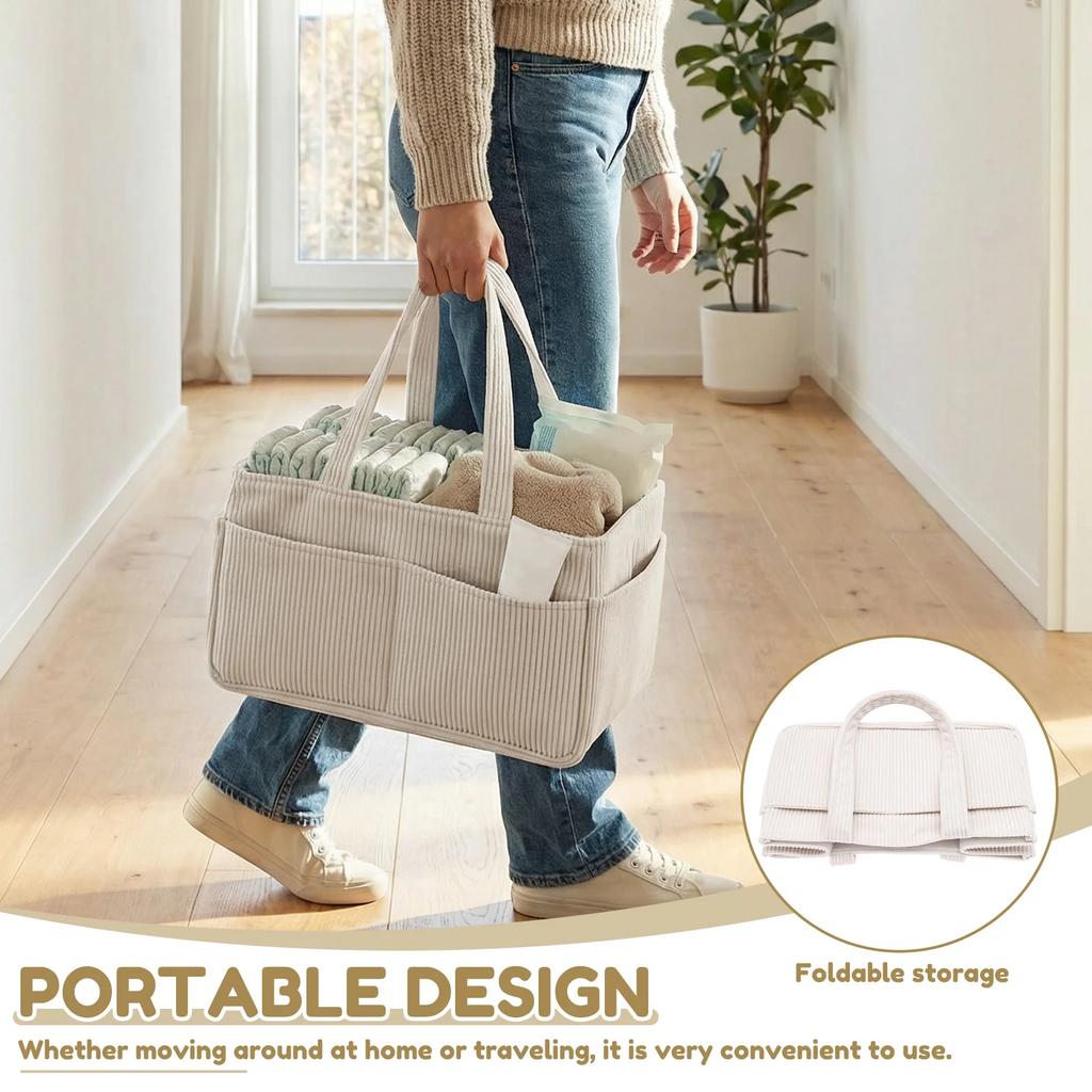 Organizador de Caddy para Pañales de Bebé Cesta de Almacenamiento de Pañales de Pana con Asa Plegable Multibolsillo Organizador de Almacenamiento de Pañales para Recién Nacidos