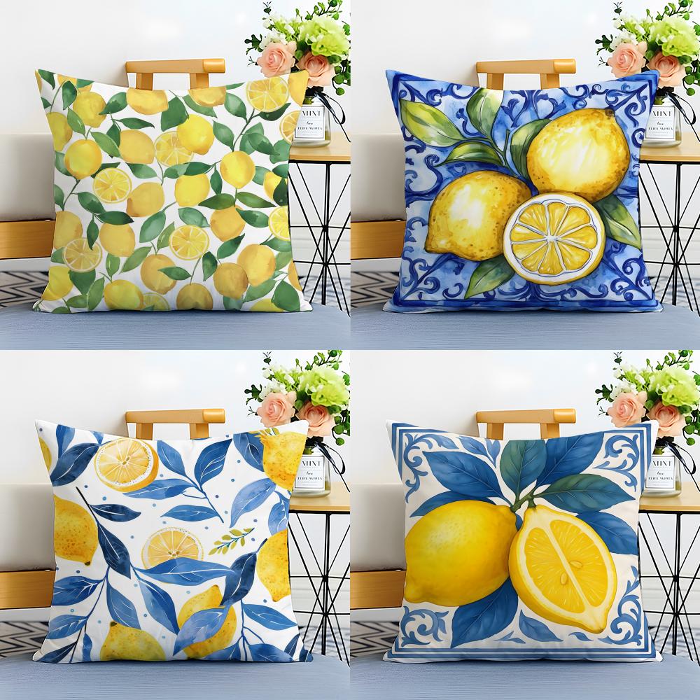 Fresh Elegant Art Blue Watercolor Lemon Cushion Cover Linen Pillowcase Soft For Sofa Bed Home Room Decor
