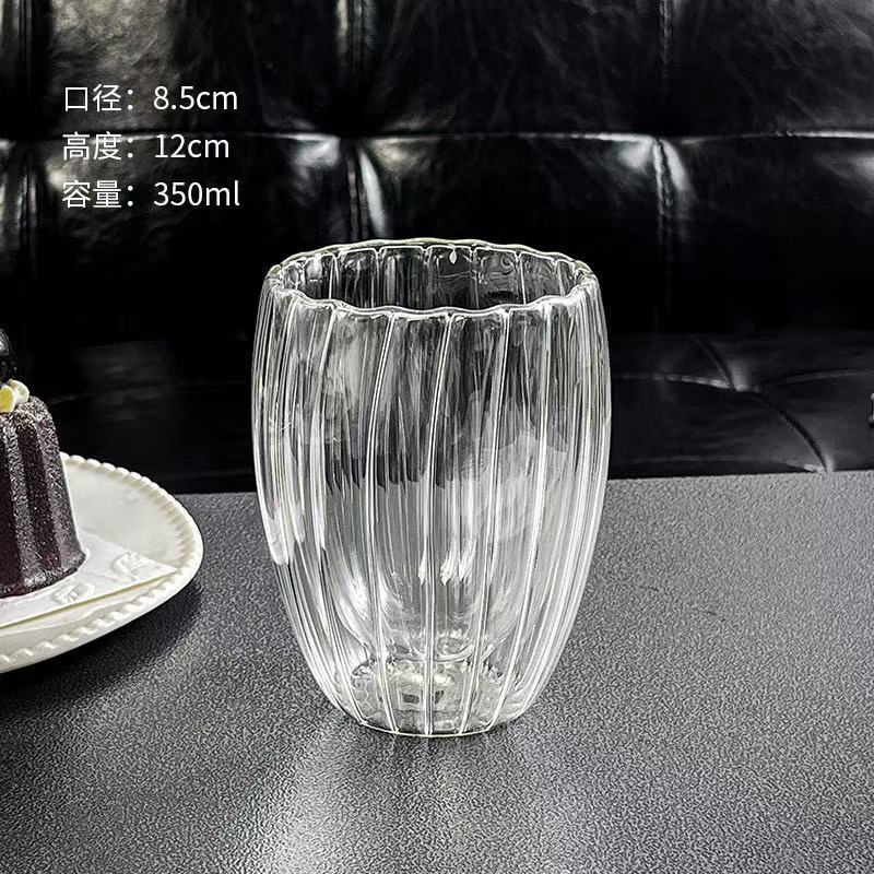 Borosilicate Glass Office Vertical Pattern Double-Layer Cup Thermal Insulation Milk Coffee Glass Household Double-Layer Vertical Pattern Water Cup