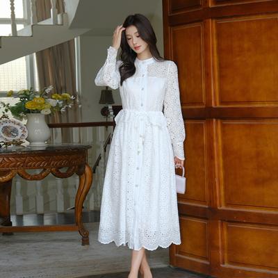 Abito Lungo da Donna in Cotone Ricamato a Intreccio con Collo Alto Manica Lunga Dimagrante Vita Alta Abiti Bianchi Donna Nuovo
