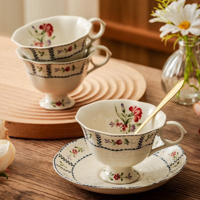 Vintage Floral Ceramic Coffee Cup Set French Artistic Print Afternoon Tea Latte Cup Home Multifunctional Cup Exquisite Gift