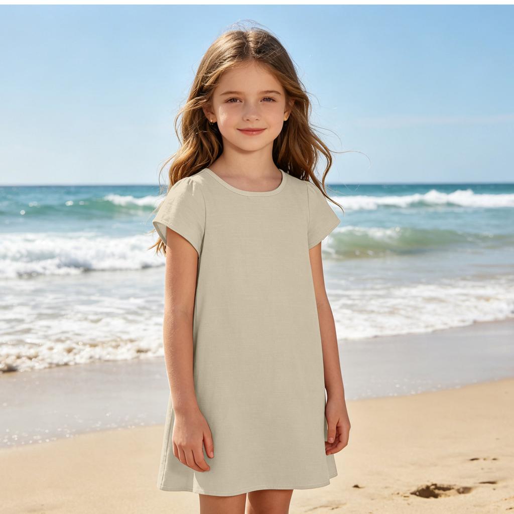 Girls Casual Short Sleeve Dress Lightweight Breathable Summer Dress Made from Cotton Linen Fabric Comfortable Fit Simple Design
