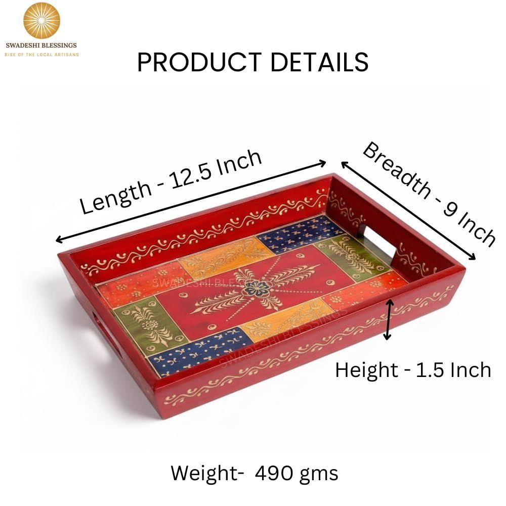Wooden Tray for Serving- Handcrafted & Hand-Painted for Kitchen/Table & Home Decor/Dinning/Gifts/Restaurants/Living Room/Coffee Table 30Cm