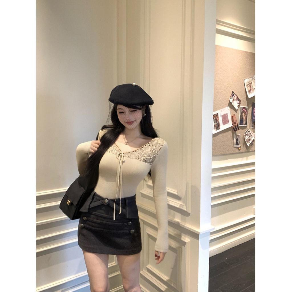 Threaded Pure Desire Lace Patchwork Sexy Apricot Long Sleeve Women's Slimming Winter Top