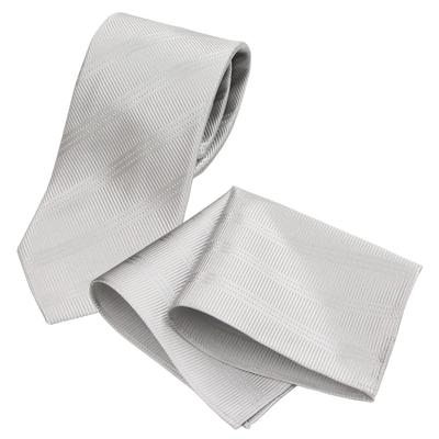 [Gran Creer] Necktie and Pocket Square Set, Formal Wear for Weddings, Silk, Made In Japan, Fujiyama Weave, Gran Creer (Triple Stripe X Silver)