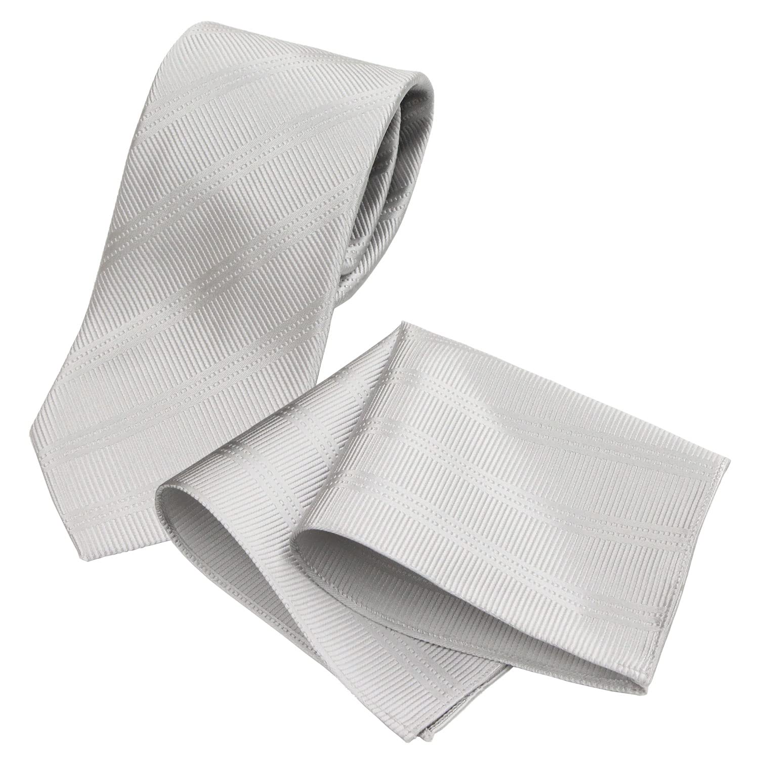 [Gran creer] Necktie and Pocket Square Set, Formal Wear for Weddings, Silk, Made in Japan, Fujiyama Weave, Gran Creer (Triple Stripe x Silver)