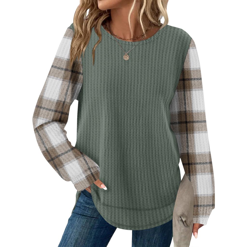 Women's Plaid Print Round Neck Long Sleeve Casual Loose Top