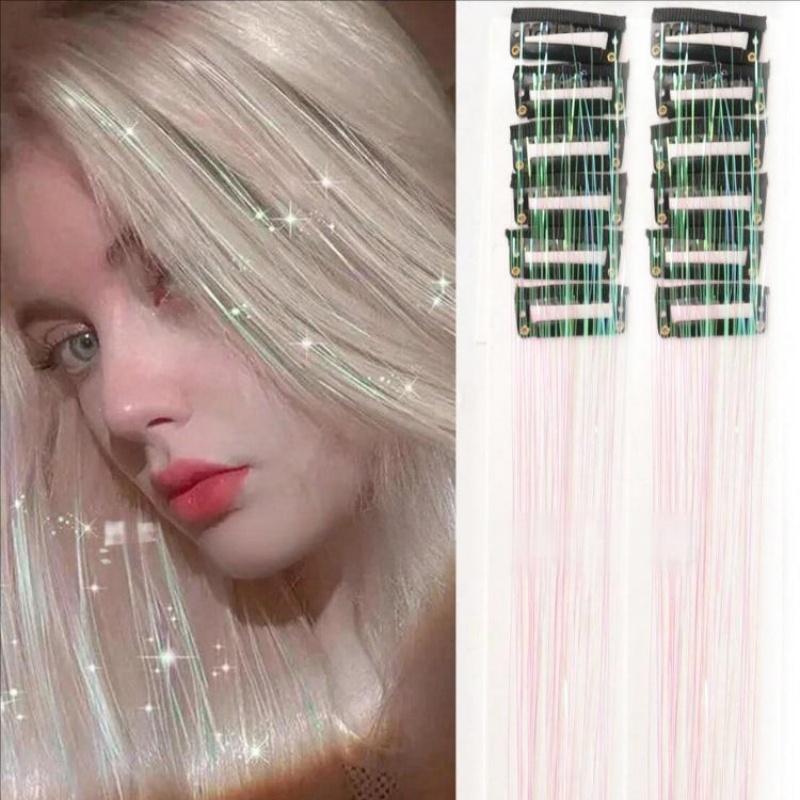 12pcs Clip-in Hair Extensions – Holographic Rainbow Straight Hair Pieces with Gold Thread, Heatless Colorful Highlights for Festival & Party