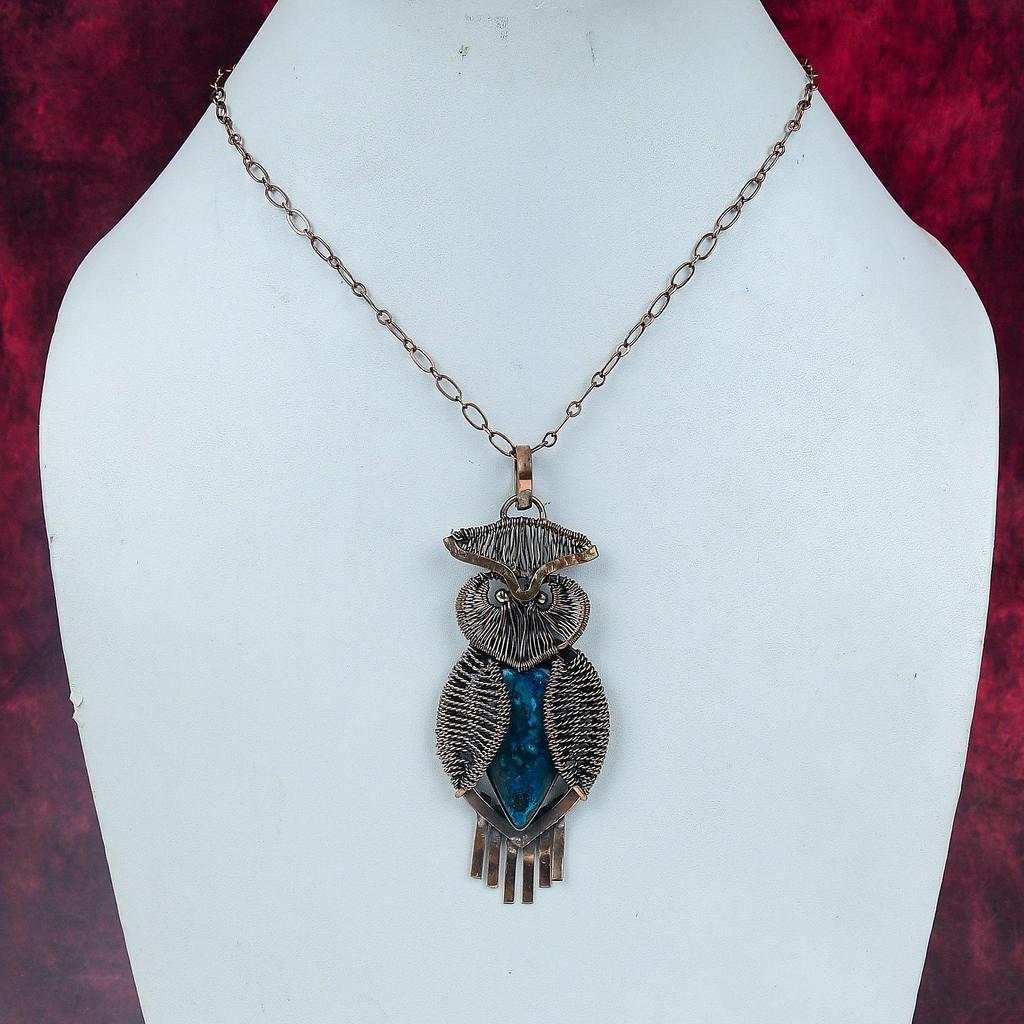 Azurite Malachite Pendant Copper Wire Wrap Antique Jewelry Gemstone Owl Pendant