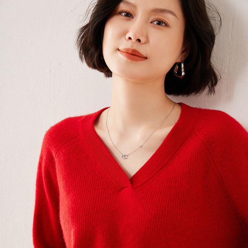 2025 Autumn/Winter Women's Cashmere V-Neck Sweater - Long Sleeve, Solid Color, Versatile, Skin-Friendly, Loose Fit