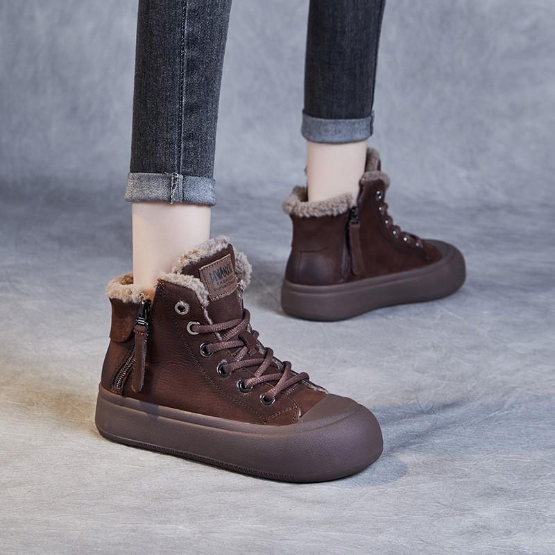 Johnature Retro Plüsch Warme Kurze Stiefel Echtes Leder Doppelreißverschluss Dickbesohlte Damenschuhe