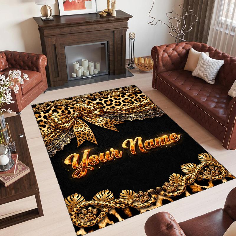 Leopard Theme Crystal Velvet Floor Rug Personalized Custom Name Text Warm Carpet Home Decoration