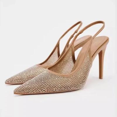 Modne Damskie Sandały na Wysokim Obcasie Lato 2024 Szpiczaste Zapięcie na Pięcie Błyszczące Diamentowe Sandały Slingback Szpilki Damskie Buty na Imprezę Ślubne