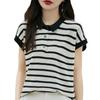 Guler POLO Bumbac Pur Tricotat Mânecă Scurtă Modă de Vară pentru Femei Versatil Tricou cu Dungi Absorbant de Transpirație Top Tricou de Bază