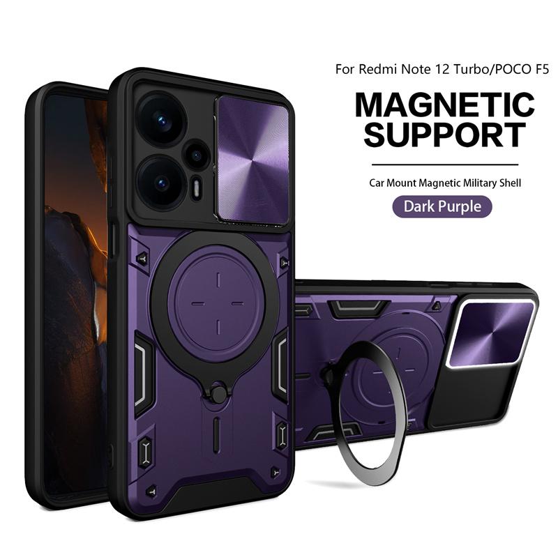 Pour POCO F5 5G Coque Support Magnétique pour Voiture Anneau Coque Blindée pour Xiaomi Poco F5 Pro F 5 F5Pro PocoF5 Couvercle de Protection d'Objectif Coulissant