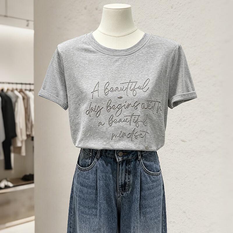 Damen-T-Shirt mit Rundhalsausschnitt, kurzen Ärmeln und Stickerei
