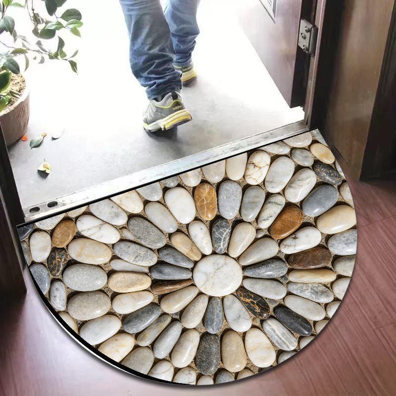 Neutral Natural Pebble Half Round Bath Mat, Non‑Slip Water Absorbent Minimalist Bathroom Floor Rug