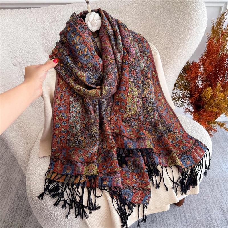 Tassel Blanket Design Thick National Flowers Pashmina Autumn Warm Shawls Wrap Cashmere Scarf for Women Poncho Stoles Scarf