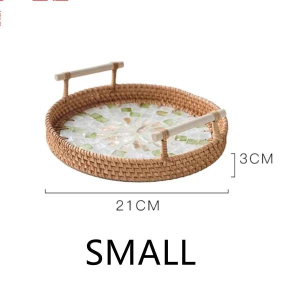 

Rattan Round Storage Tray Creative Natural Shells Rattan Basket with Handle Decoration Jewelry Storage Living Room Organizer