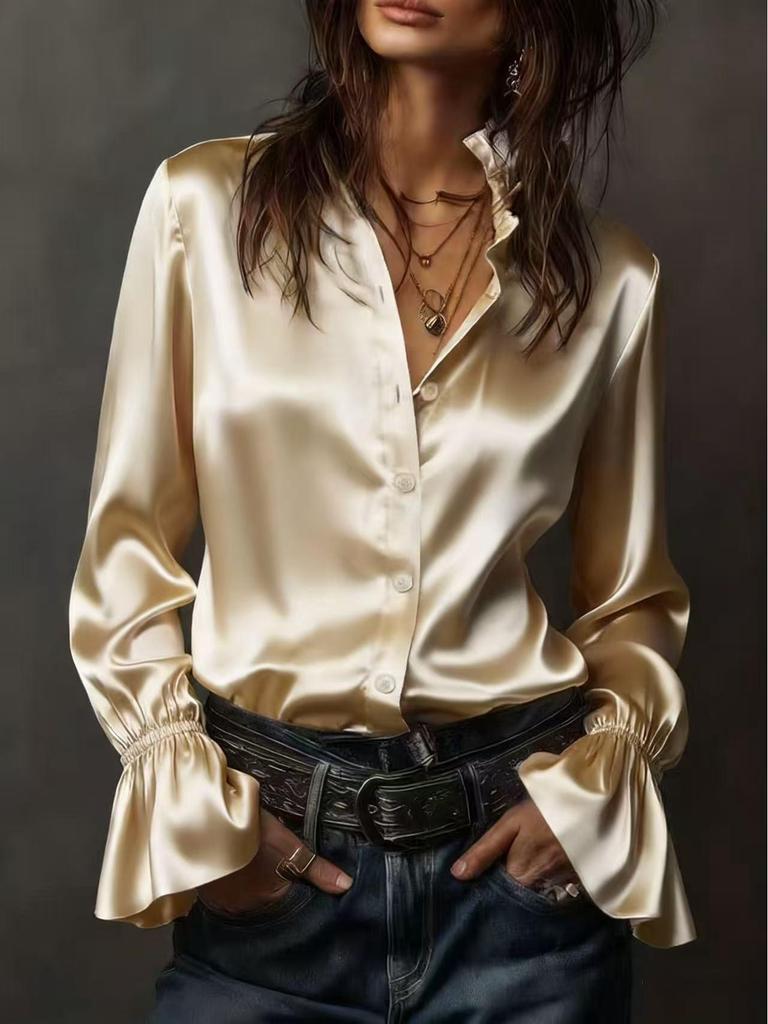 Elegant Women's Long Sleeve Silk Satin Shirt