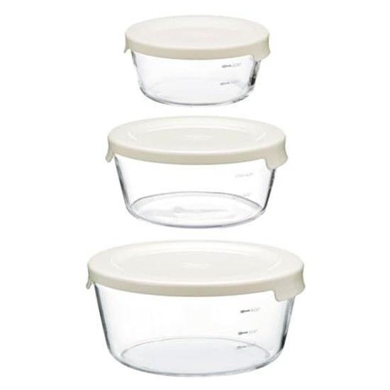 HARIO Heat-Resistant Glass Storage Container Round S M L 3-Piece Set White Microwave Safe Dishwasher 300mL 600mL 1200mL Made Japan MST-3018-OW