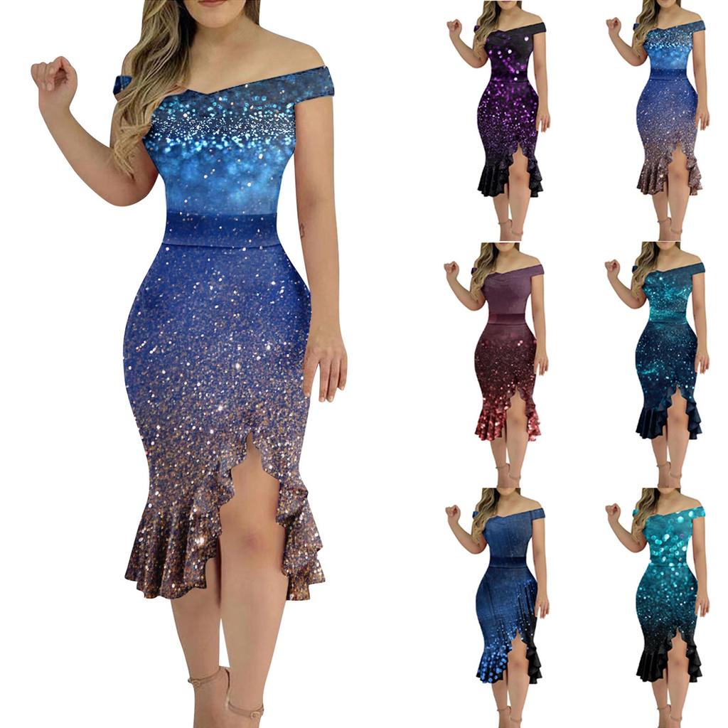 Women's Casual Party Dresses Flower Print Irregular Hem One Shoulder Sexy Backless Mermaid Dress