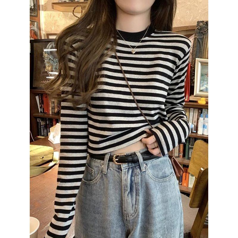 

Mall Counter Korean Style Stripe Long sleeves Shirt Women Autumn New Niche Design Sense Slim fit Bottoming Shirt Top Ins Black Stripes S