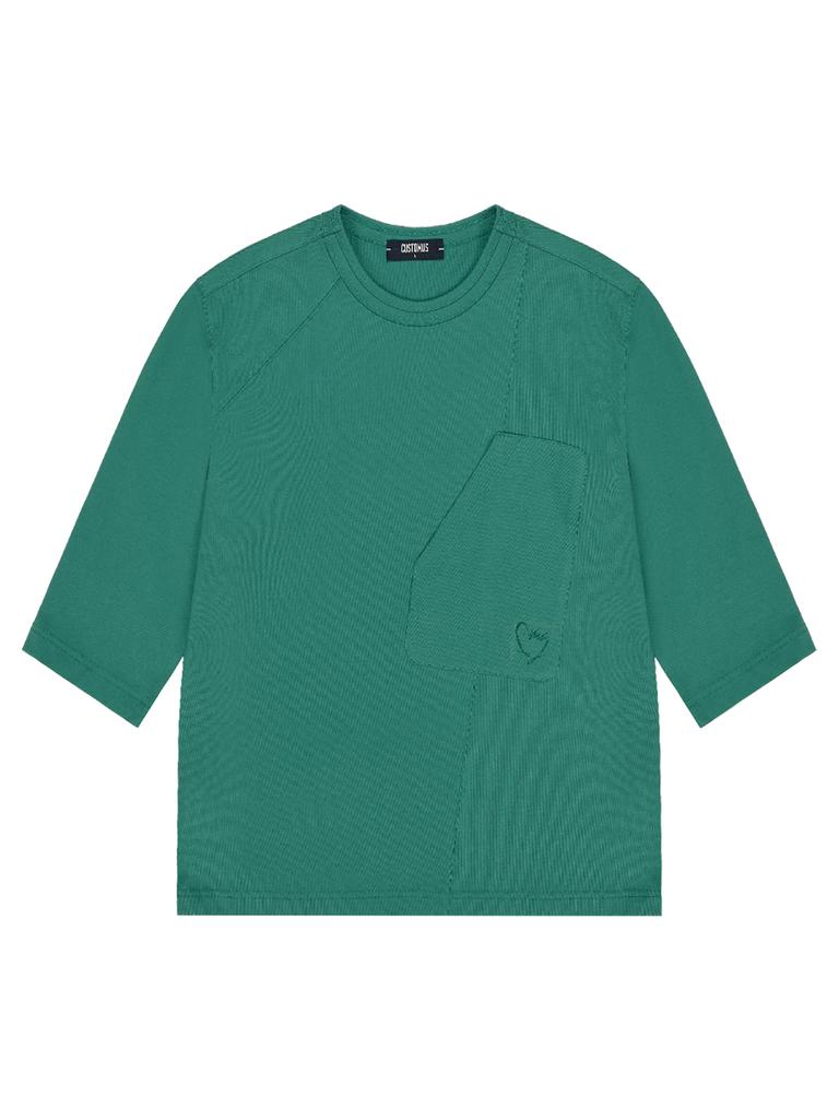 CUSTOMUS Diagonal Cut Heart Embroidery 3/4 Sleeve Round T-Shirt Cxs24Mkrt309 Grn