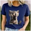 Unisex 100% Polyester Summer Top Cute and Playful Grey Tabby Cat Print Loose Round Neck Short Sleeve Fashion for Lovers