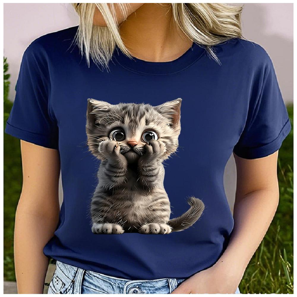 Unisex 100% Polyester Summer Top Cute and Playful Grey Tabby Cat Print Loose Round Neck Short Sleeve Fashion for Lovers