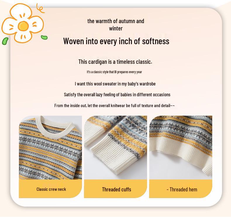 Children’s Pure Wool Fair Isle Sweater - Warm Thickened Knit with Round Neck for Autumn/Winter 2025