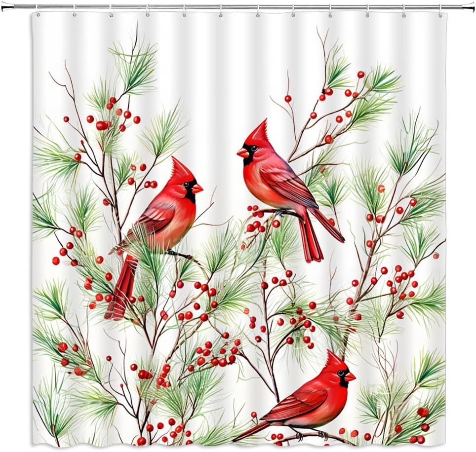 Red Birds Shower Curtain Merry Christmas Xmas Pine Branches Twigs Pinecone Rustic Wild Holiday Happy New Year Festival Ornament