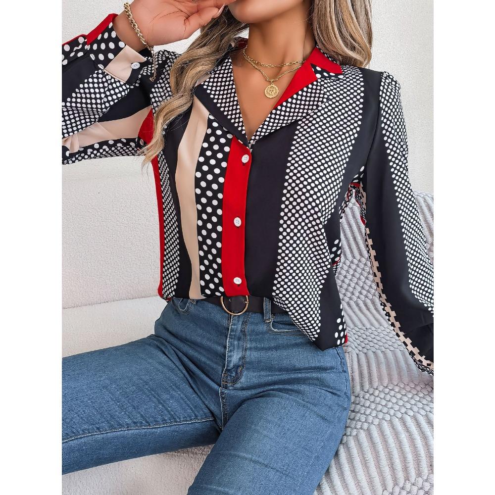 Primavera e verão temperamento de deslocamento contrastante polka dot terno colarinho camisa de manga comprida